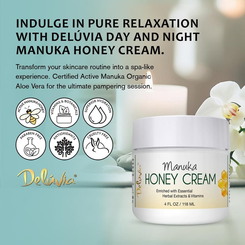 Deluvia Manuka Honey Cream | Hydrating & Soothing Moisturizer Face & Body Lotion | for Sensitive Skin, Eczema, Psoriasis & Dermatitis | 4 ounce 2 Pack