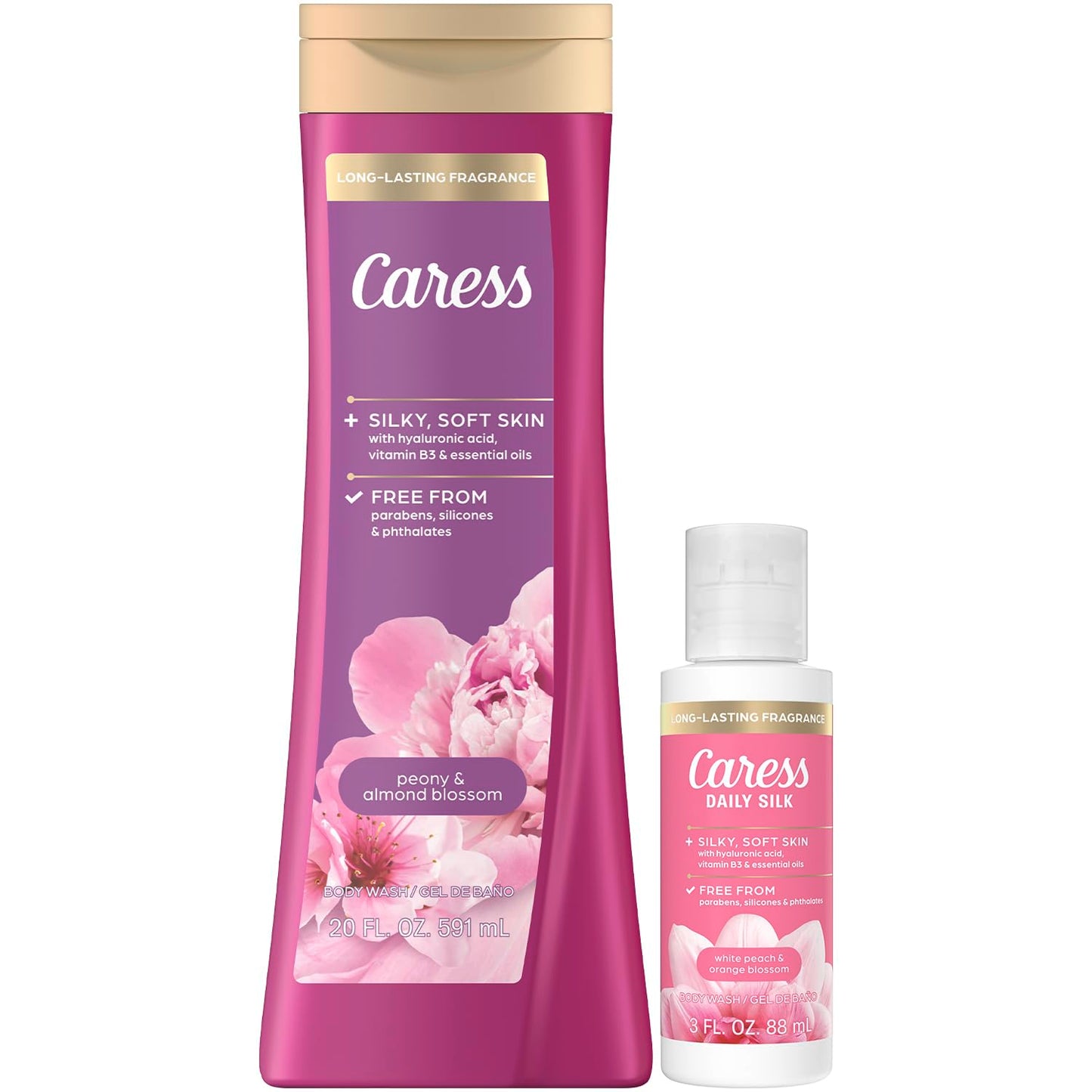 Caress Body Wash, Daily Silk Travel-Size + Full-Size Peony & Almond Blossom Body Wash – Bath & Shower Essentials for Soft, Silky Skin