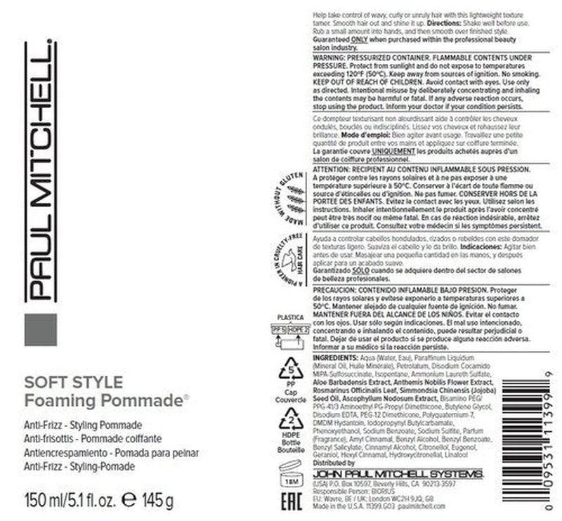 Paul Mitchell Foaming Pommade, Anti-Frizz, Light Hold, For Wavy, Curly + Coarse Hair, 5.1 fl. oz.