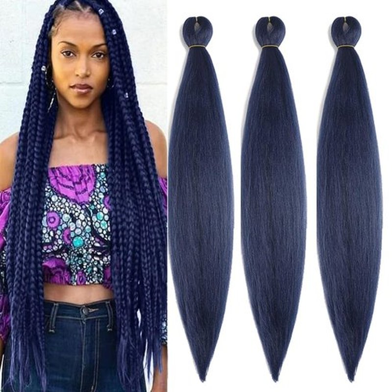 BALINGHAIR Pre Stretched Braiding Hair 28 Inch Braids Hair Dark Blue Yaki Texture Hot Water Setting (A28-3Packs)