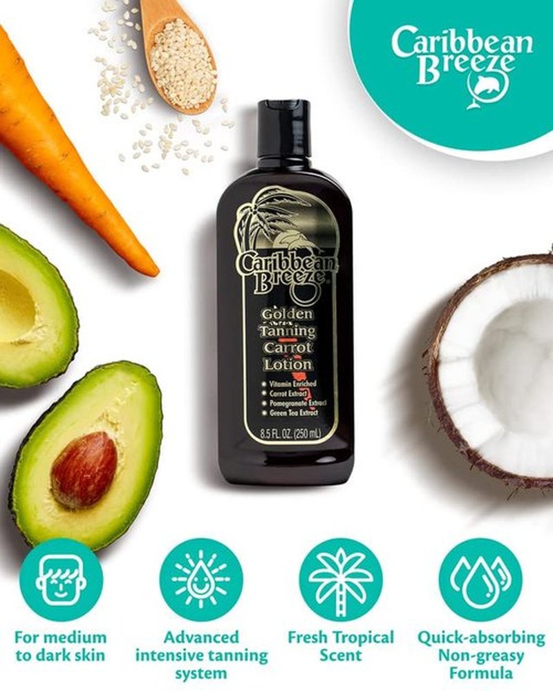 Caribbean Breeze Golden Carrot Sun Tanning Accelerator Lotion, Natural Tanning Lotion with Pomegranate Aloe Extracts, Rich in Oxidants, Moisturizes the Skin, and Anti-Aging Properties, 8.5 oz (250 ml)