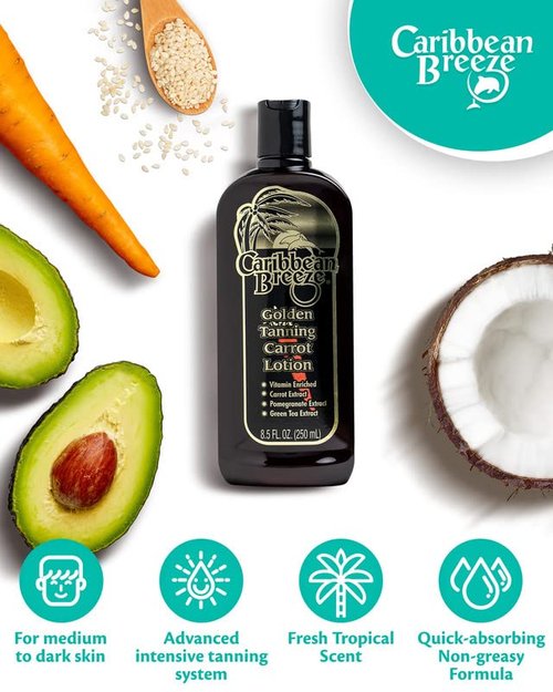 Caribbean Breeze Golden Carrot Sun Tanning Accelerator Lotion, Natural Tanning Lotion with Pomegranate Aloe Extracts, Rich in Oxidants, Moisturizes the Skin, and Anti-Aging Properties, 8.5 oz (250 ml)