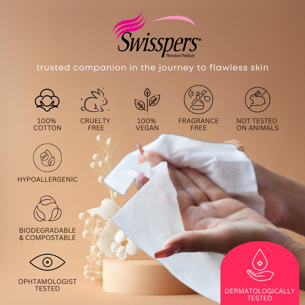 Swisspers Premium Makeup Remover Wipes – 25 Count (Pack of 3) – 100% Cotton – Soft, Gentle, and Effective Wipes for Effortless Makeup Removal