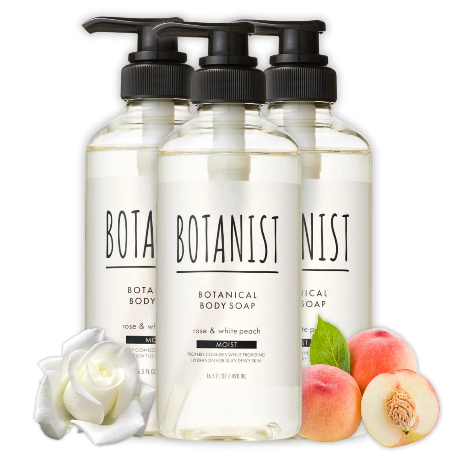 Botanist Dry Skin Body Wash for Women & Men, Hypoallergenic Body Wash with Shea Butter, Aloe Vera& Squalane, Gentle BODY WASH & Shower Gel from Japan MOIST 16.5 Fl Oz ROSE & WHITE PEACH 3EA