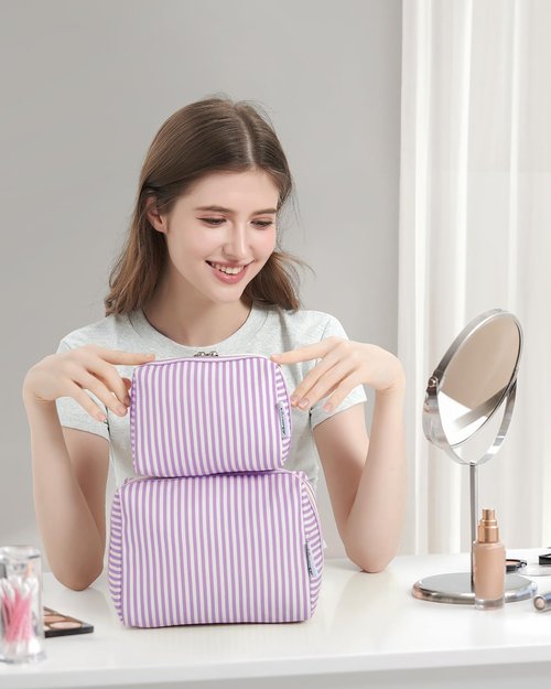 Narwey Striped Makeup Bag Travel Cosmetic Bag Organizer Toiletry Bag Make Up Bags with Compartments for Women (Large, Purple Stripe)