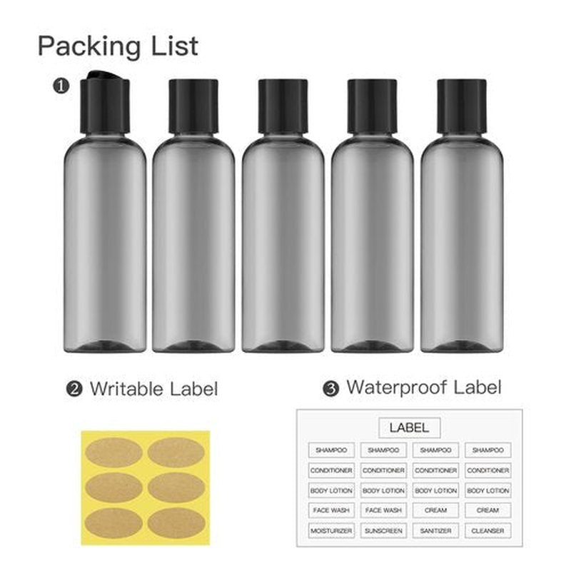 owlyee 3.4 oz Travel Bottles for Toiletries, Empty Travel Size Containers Tsa Approved, 5PCS Small Plastic Shampoo Bottles with Labels (100ml, Black)