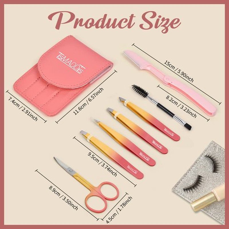 Eyebrow Tweezer Set, TsMADDTs 7 Pcs Tweezers Set for Women, Precision Tweezer for Eyebrows with Curved Scissors and Eyebrow Razor for Ingrown Hair,Pink&Yellow