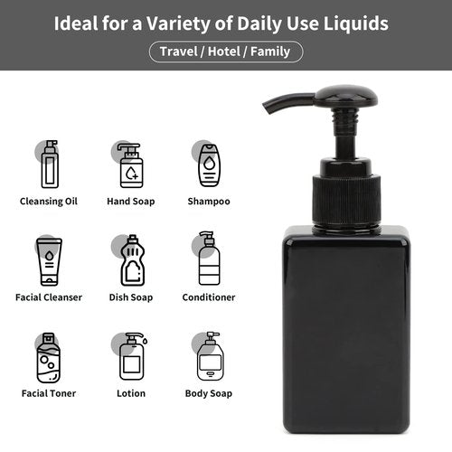 Segbeauty Black Plastic Square Shower Dispenser, 4pcs 3.4oz Empty Hand Soap Bottles with Label, 100ml Refillable Press Pump Portable Lotion Dispenser Liquid Container for Travel Bathroom Hotel Kitchen