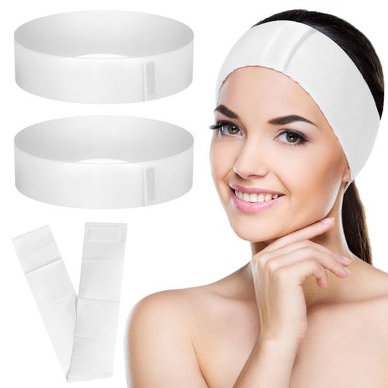 JUSTDOLIFE 50 PCS Disposable Spa Headbands, Elastic Headband Wrap with Adjustable Closure, Stretch Non-Woven Facial Bandeau, Soft Skin Care Essential Headbands with Sticking Fastener