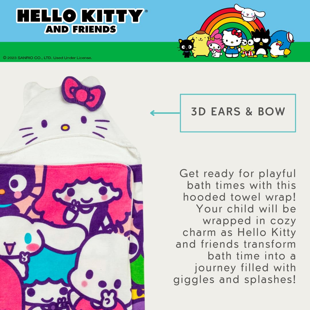 Hello Kitty & Friends Kids Super Soft Bath/Pool/Beach Soft Cotton Terry Hooded Towel Wrap, 24 in x 50 in, (Officially Licensed Product) By Franco