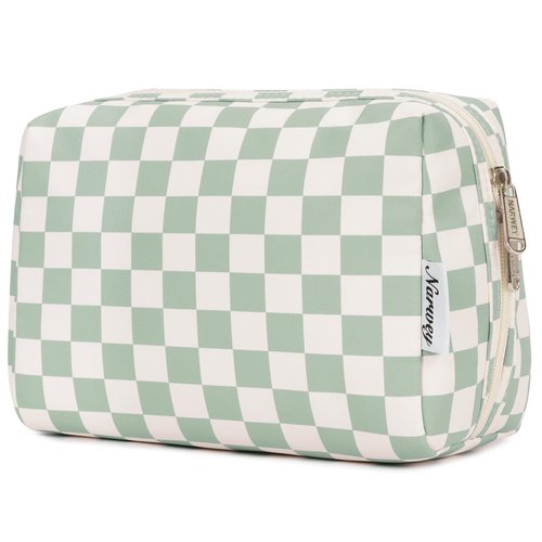 Narwey Large Checkered Makeup Bag Zipper Pouch Travel Cosmetic Bag Organizer for Women (Large, Mint Green Checkerboard)