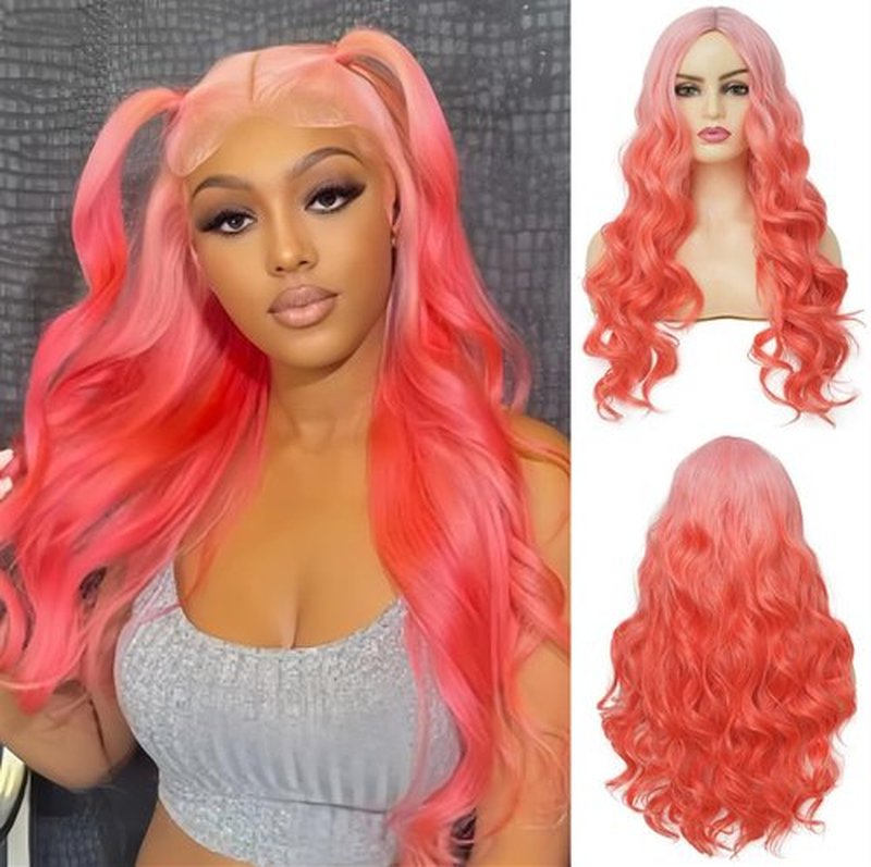 Kaneles Orange Ombre Long Wavy Wig for Women Curly Natural Synthetic Middle Part Heat Resistant Hair Wig for Halloween Party Use