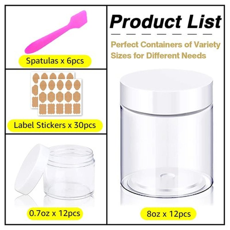 AMORIX 8oz Slime Containers with Lids 8 oz Plastic Containers Jars with White Lids + 20g Sample Containers (Set of 24) Airtight Container for Lip Scrub, Body Butters, Cream, Slime, Craft Storage