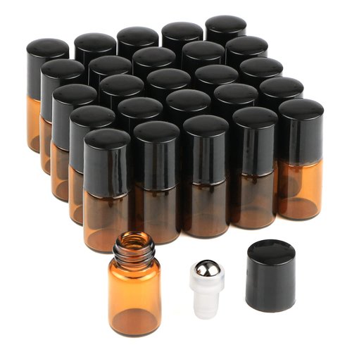 Wresty 25 Pcs Essential Oil Glass Roller Bottles Mini Tiny Refillable Empty Aromatherapy Perfume Liquid Amber Glass Roll On Bottles Vials Metal Rollerball Bottles Jar (2ml)