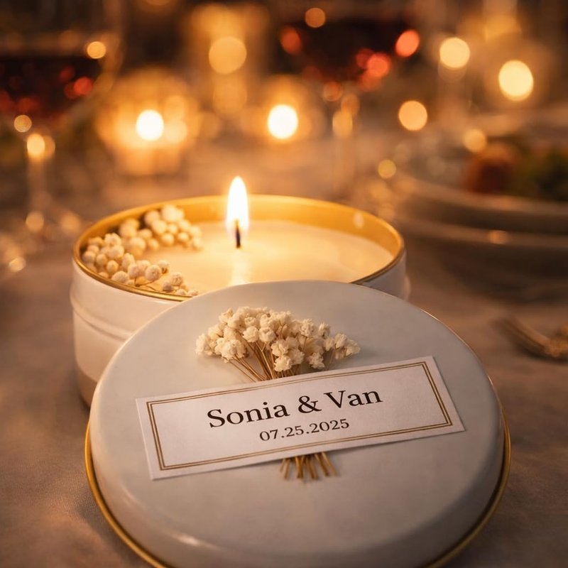 Personalized Soy Wax Candle Favors - Dried Flowers | White Tin Guest Gifts for Weddings & Showers (10-200 Count)
