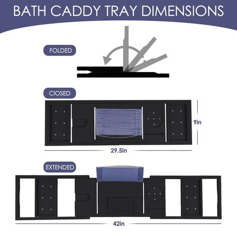 Foldable Bathtub Caddy Tray, Bamboo Bath Tub Tray Table for Tub with Wine Glass Holder Book Phone Tablet Holder with Extending Sides, Adjustable Bathroom Bathtub Free Soap Holder Gift Idea (Black)