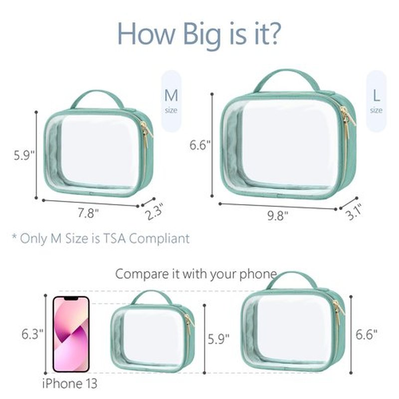 PACKISM TSA Approved Toiletry Bag, 2 Pack Clear Makeup Bags with Handle Large Opening, Clear Toiletry Bags Fit Carry-on Travel Essential, Clear Travel Bags for Toiletries, Turquoise Green