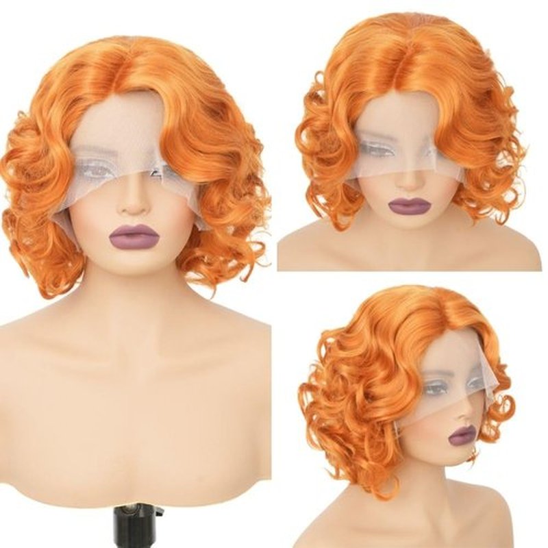 Siudus Orange Lace Front Wigs for Women Short Curly Side Part Finger Wave Synthetic Hair Wig Halloween Costume Wigs