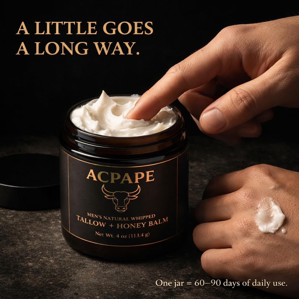 Acpape Beef Tallow for Skin — Men's Natural Whipped Tallow and Honey Balm | Grass-Fed Beef Tallow Face & Body Moisturizer for Men | Tallow Balm with Jojoba Oil, Olive Oil, Beeswax & Raw Honey | 4 oz