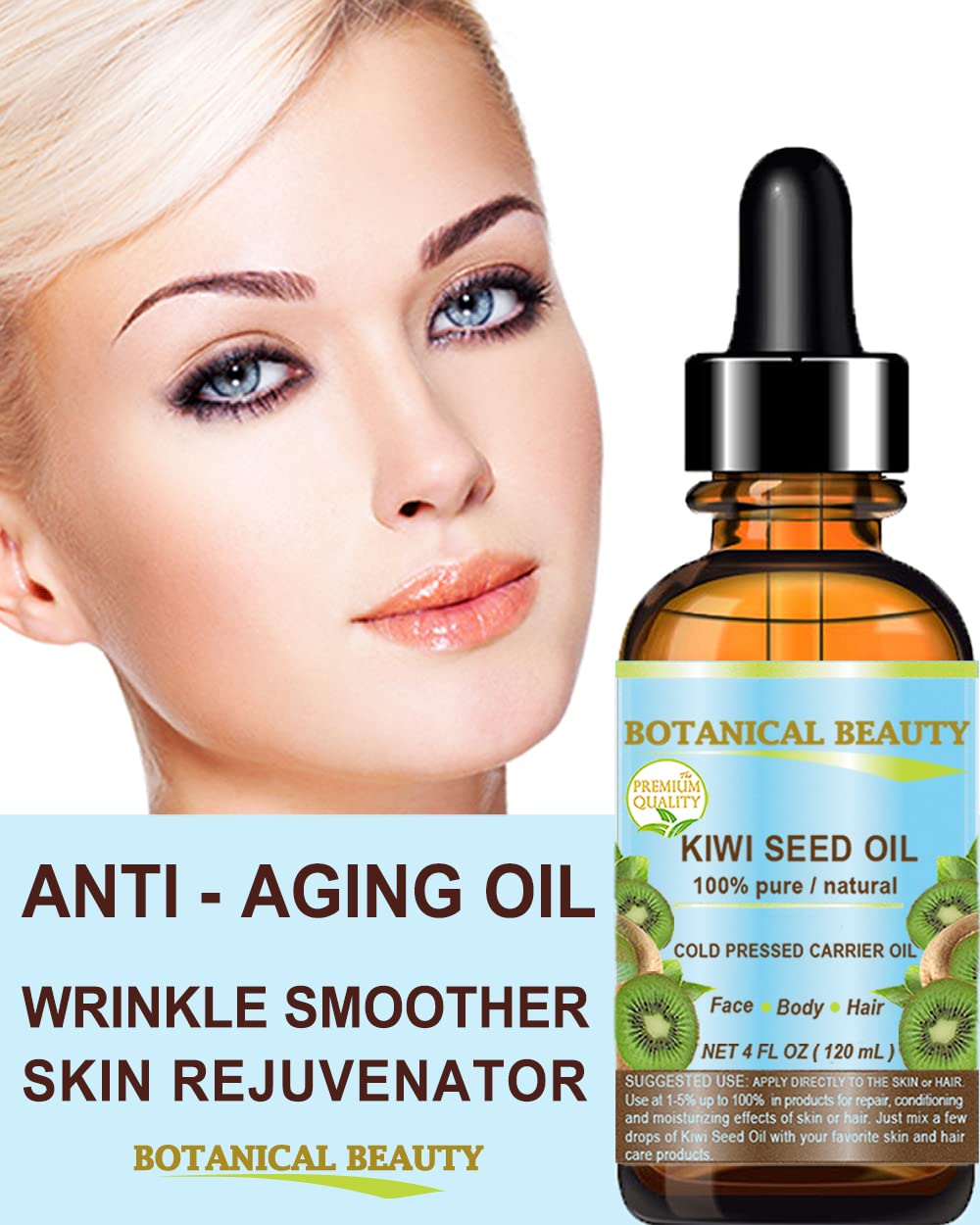 Botanical Beauty KIWI SEED OIL. 100% Pure Natural Undiluted Virgin Cold Pressed Carrier Oil for Face, Skin, Body, Hair, Nail Care (0.5 Fl Oz)