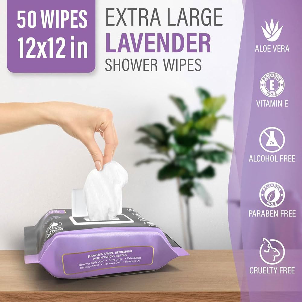Pure Active XL Body Wipes for Face and Body, No Rinse Shower Wipes, with Aloe Vera, Vitamin E, and Alcohol Free, 12x12 Lavender 50 Pack