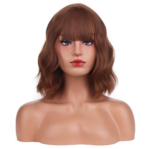 MAGQOO Brown Wig for Women Brown Bob Wigs with Bangs Shoulder Length Curly Wavy Brown Wigs Costume Cosplay Halloween Wigs with Wig Cap
