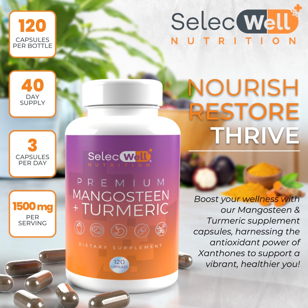 SelecWell Mangosteen + Turmeric Capsules | Joint & Digestion Support | Formulated for Wellness, Includes Natural Ingredients | 120 Vegetarian Capsules, 1500mg per Serving