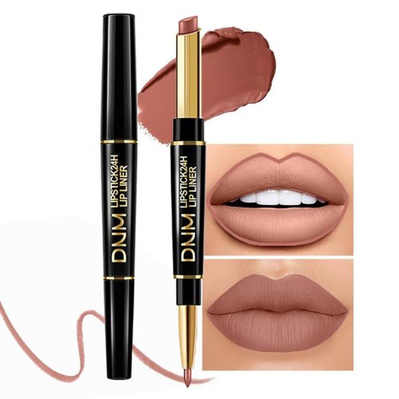 2 in 1 Nude Brown Matte Lip Liner & Lipstick Combination, DNM Metallic Dual Ended Lipstick, Lip Liner, Lip Gloss, 24 Hour all Day Long-Lasting Waterproof Lipliners Pen for Women Lip Makeup Gift Set12#