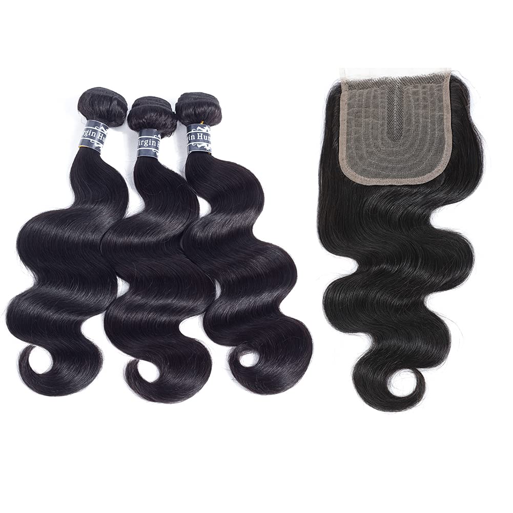 Amella Hair Brazilian Virgin Remy Body Wave Bundles with T Part Closure 4x0.75 Middle Part(12 14 16+12) 8A Body Wave Human Hair 3 Bundles with Closure T-Part Lace Closure Human Hair for Black Women