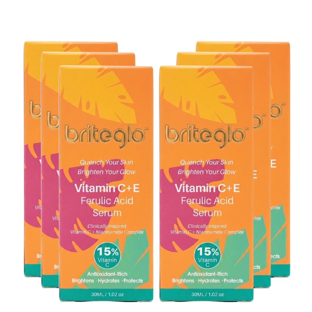 Briteglo Vitamin C Serum 15% for Face with 3-O-Ethyl Ascorbic Acid, Niacinamide & Ferulic Acid – Dark Spot Corrector, Brightening & Anti-Aging Facial Serum, Fragrance Free - Pack of 6