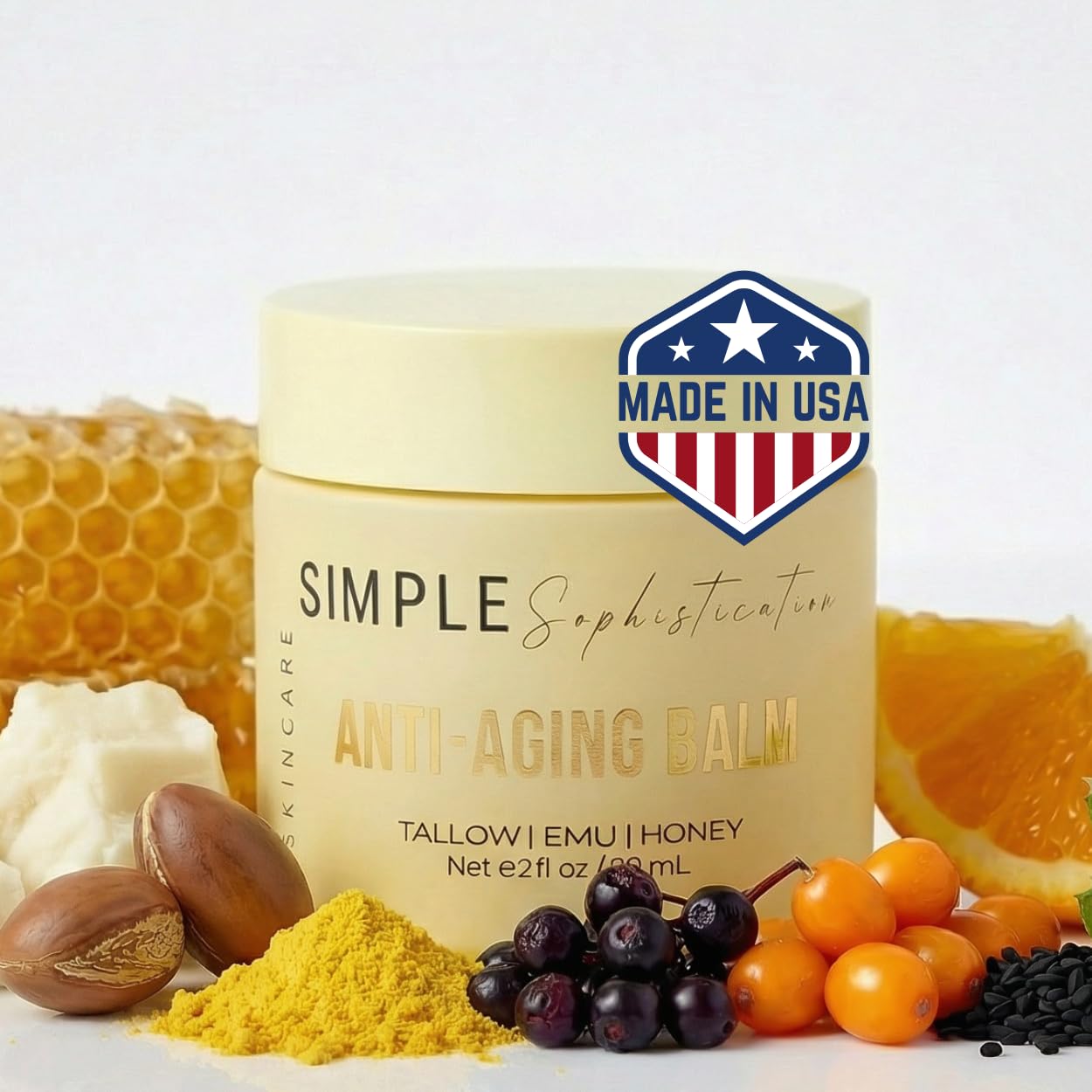 Simple Sophistication Tallow Emu Honey Balm | Nourishing Face & Body Moisturizer with Manuka Honey & Emu Oil, Non-Greasy Natural Skincare (Anti-Aging Balm with CoQ10 + Resveratrol)