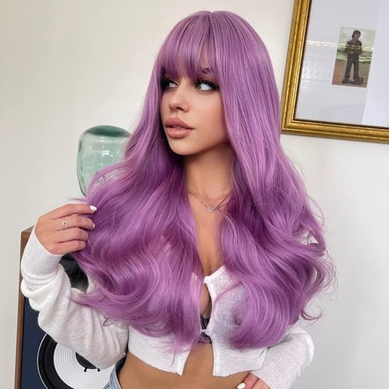 BERON 26 Inches Purple Wig Long Wavy Wig with Bangs Synthetic Wig Long Wig Lavender Purple Wigs for Cosplay Costume Party with Wig Cap