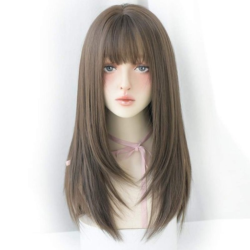 URCGTSA Long Cold Brown Hair Wig for Women Natural Synthetic High Density Wigs With Air Bangs Party Cosplay Use Hair Wig (22inch Cold brown)