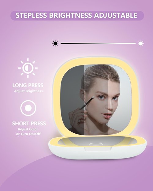 Dec.Metu Compact Mirror, 1X/5X Magnification Pocket Travel Makeup Mirror with Lights for Purse Rechargeable Small Handheld Mirror for Gift White
