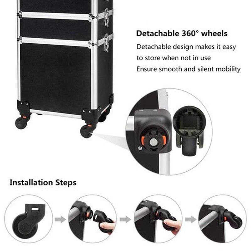 mefeir 4 in 1 Rolling Makeup Train Case, Aluminum Makeup Travel Organizer Cosmetic Case, Cosmetology Display Suitcase on Wheels, Beauty Storage Luggage Lockable w/4 Removable Wheels (Black)