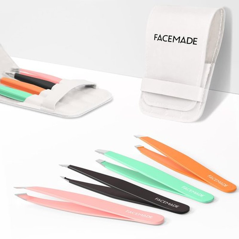 FACEMADE 4 Pack Tweezers Set - Professional Stainless Steel Tweezers for Men and Women, Precision Eyebrow Tweezers for Facial Hair, Chin, and Ingrown Hair Removal (Green, Orange, Black & Pink)