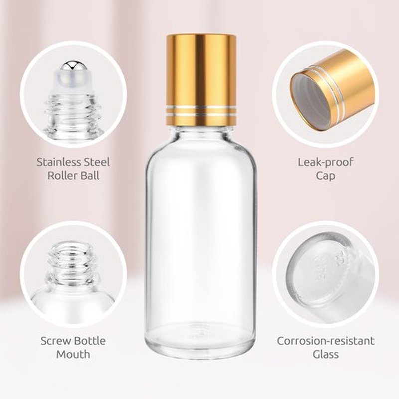 bofessor 30ml Glass Roller Bottles 5-Pack, Refillable Roll-On Bottles for Essential Oils, Perfume, and DIY Blends with Stainless Steel Rollers-Clear