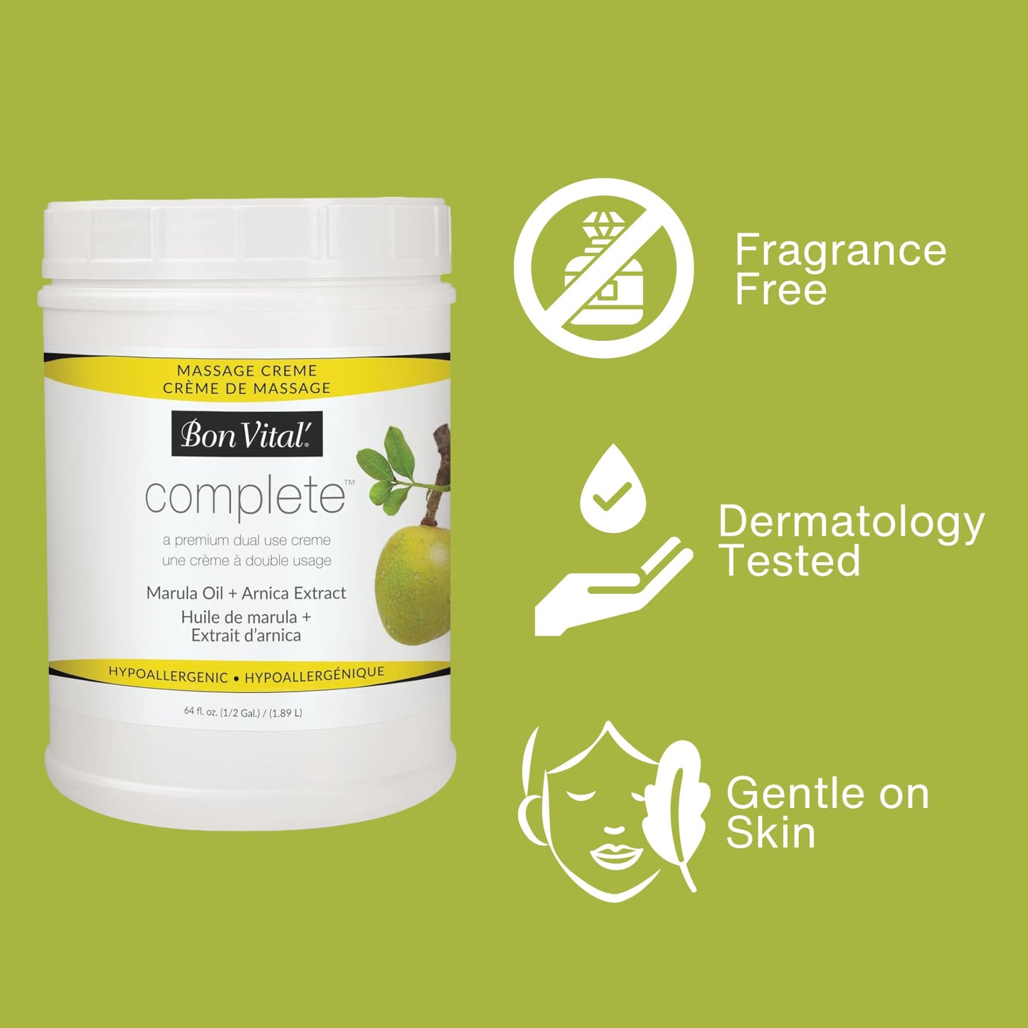 Bon Vital Complete Massage Creme, 5-Gallon, Unscented Non-Greasy Cream with Marula, Olive & Jojoba Oils, Hypoallergenic Moisturizer for Professional or Home Use, Premium Dual-Purpose, Massage Therapy