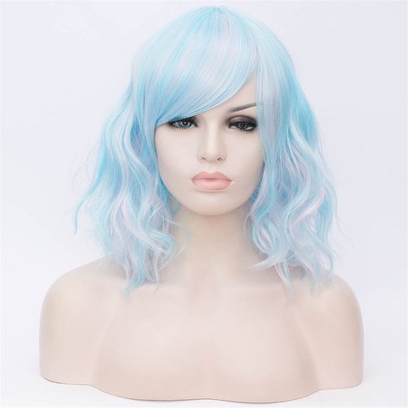 BUFASHION 14" Women Short Wavy Curly Wig Mixed Blue Bob Wig Cosplay Halloween Synthetic Wigs with Side Bang wig(Mixed Blue)