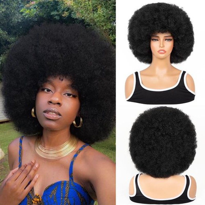 FYIMUYI Afro Wig - Soft 70s Afro Wig For Black Women Short Curly Afro Kinky Wig Large Bouncy And Soft Natural Looking Synthetic Wigs For Daily And Party Halloween Costume Use (Black