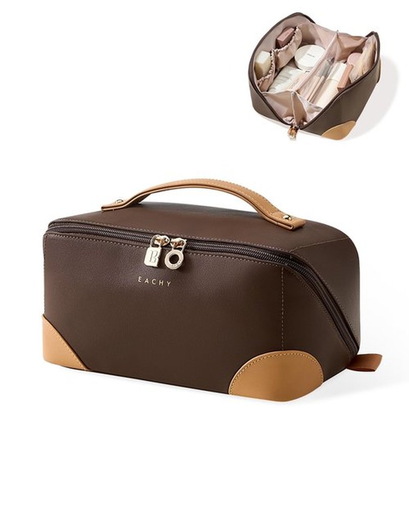 EACHY Travel Makeup Bag,Large Capacity Cosmetic Bags for Women,Waterproof Portable Pouch Open Flat Toiletry Bag Patchwork Makeup Bag (ZY-Brown)
