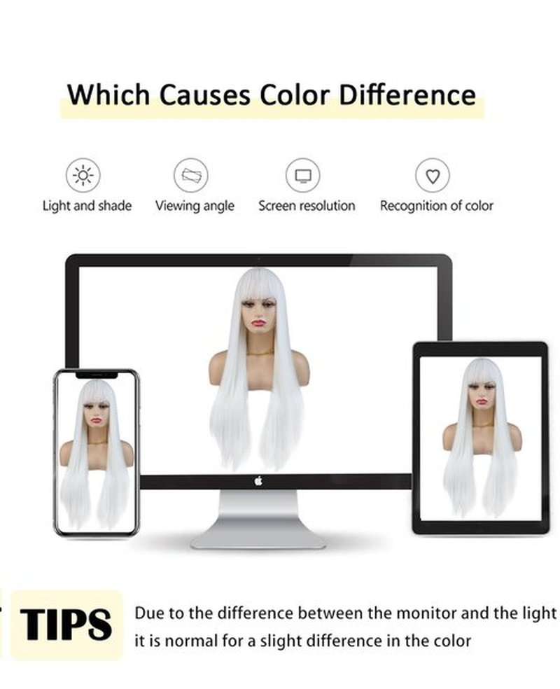 MaxlaceWig White Wig with Bangs for Women, Long 28 Inch Straight White Synthetic Bangs Wig, Natural Looking Heat Resistant Fiber Guleless Wig for Girls Daily Party Use, Halloween Wig Cosplay Wig