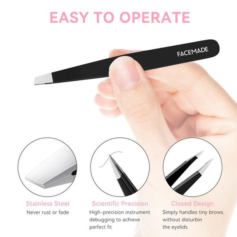 FACEMADE 2 Pack Tweezers Set - Professional Stainless Steel Tweezers for Men and Women, Precision Eyebrow Tweezers for Facial Hair, Chin, and Ingrown Hair Removal (Black)