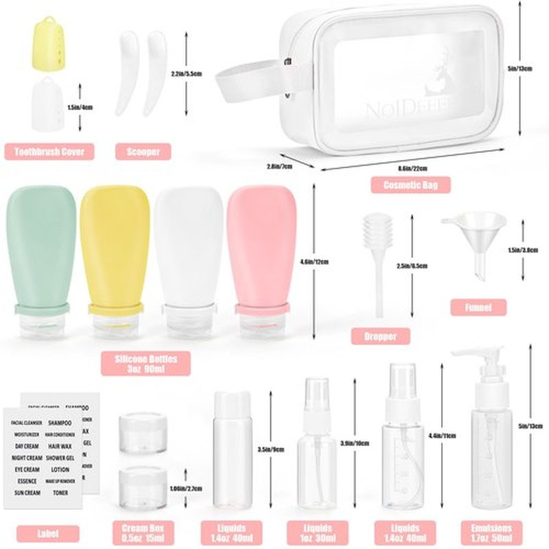 Noideeer 18 Pcs Travel Bottles Set for Toiletries, TSA Approved Travel Size Containers with Bandage Silicone Squeezable for Shampoo Conditioner Lotion Body Wash (Multicolour+White Bag)