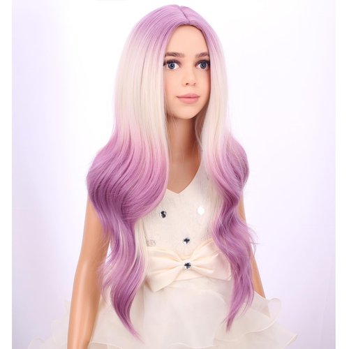 PATTNIUM Blonde Ombre Purple Wig Kids Child Wig Long Curly Wavy Light Purple Wig Blonde to Purple Wig Middle Part Girls Wig Heat Resistant Synthetic Hair Wig with Wig Cap