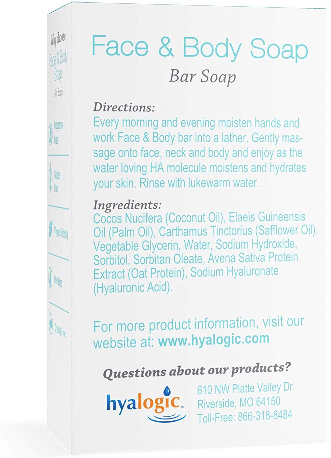 Hyalogic Face & Body Cleansing Bar Soap 4oz (Pack of 2) Hydrating Hyaluronic Acid Cleanser - Fragrance Free, Non-Irritating, Vegan Friendly HA