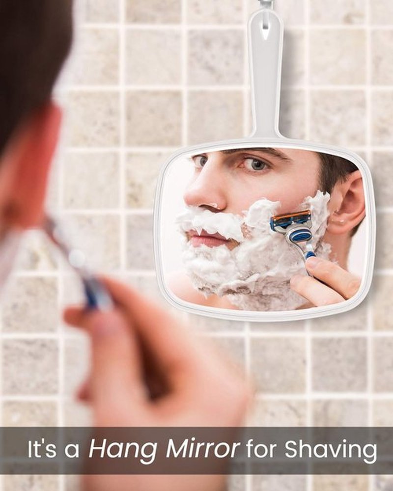 PROTECLE Hand Mirror, Handheld Makeup Mirror with Handle for Barber Hairdressing (Square White 10.3"x7.4")