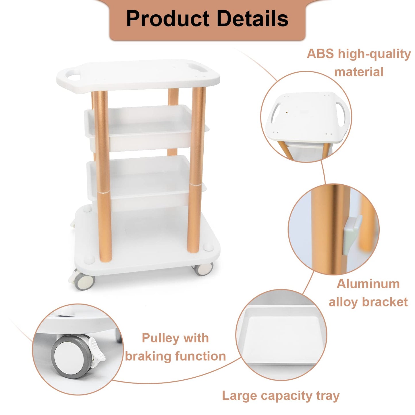 Beauty Salon Trolley Spa Styling Pedestal Rolling Cart Two Shelf ABS Aluminum Elitzia ETTROLLEY5 (Gold cart)