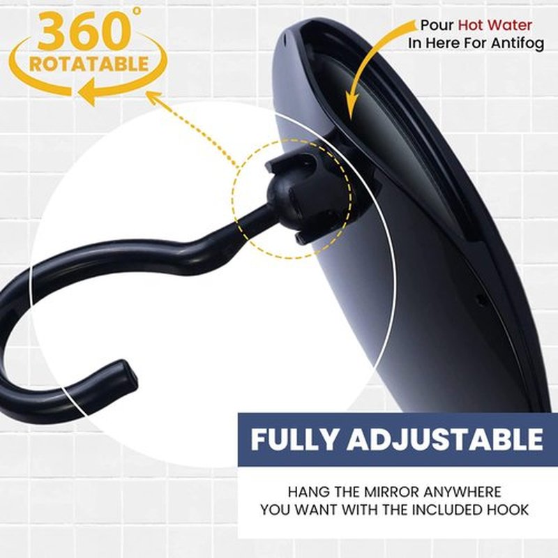 MIRRORVANA Dual Anti Fog Shower Mirror for Shaving with Hook for Hanging and Fogless Shatterproof Surface - Fill Back Chamber/Reservoir with Hot Water for Fog Free Shave (8" Diameter, Black)