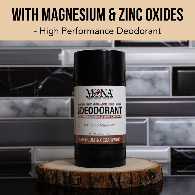 All Natural Deodorant for Men Aluminum Free | Hypoallergenic Men's Deodrant, Magnesium Deodorant for Sensitive Skin | Absorbs Sweat | Won’t stain clothes | By MONA Brands (Patchouli Cedarwood 2.65 Oz)
